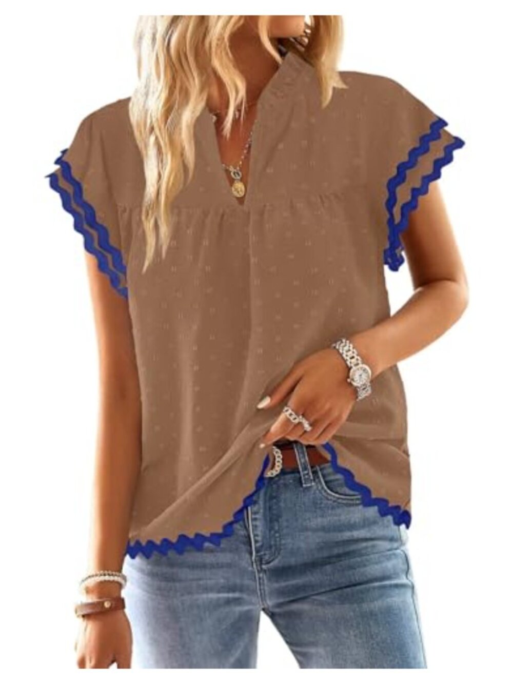 Womens Boho Ruffle Sleeve Flowy V Neck Tops Dressy Summer Blouse